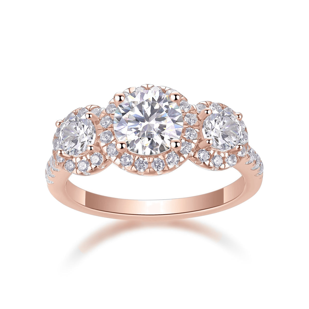 Bella Round Moissanite Three Stone Halo Engagement Ring in 18K rose gold plating, front view