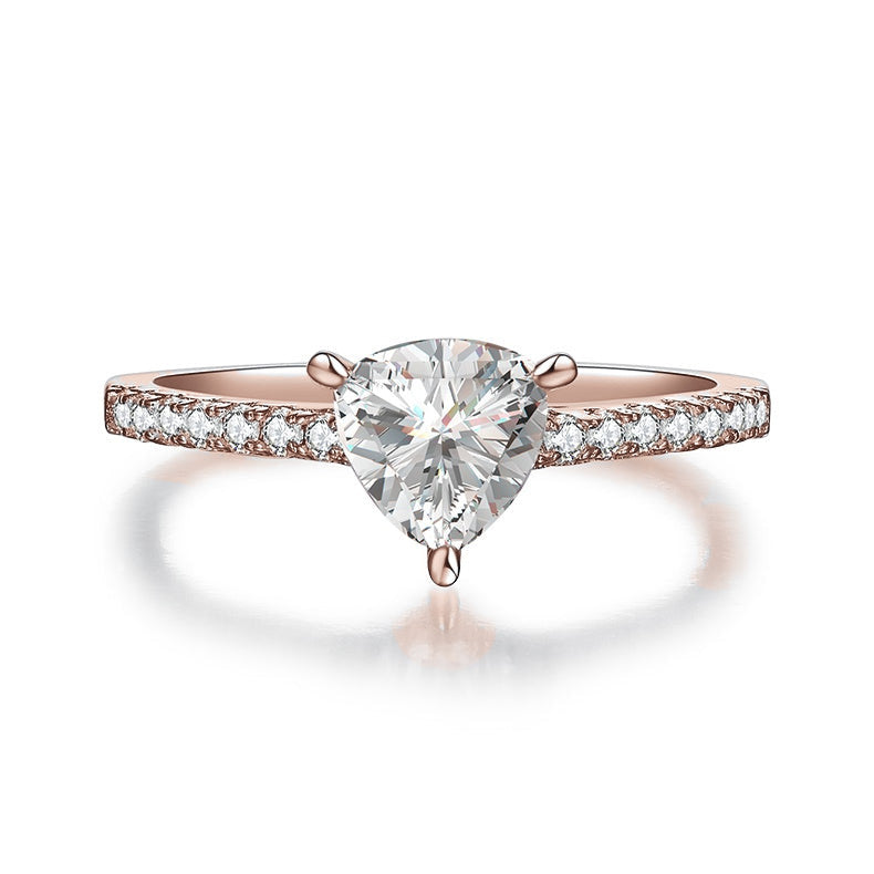 Birdie Trillion Moissanite Pavé Engagement Ring in 18K rose gold plating, front view
