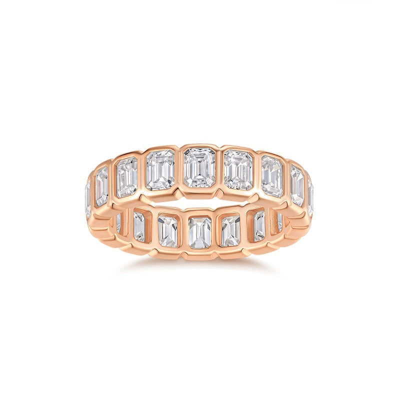 Blair Emerald Cut Moissanite Bezel Eternity Band in 18K rose gold plating, front view