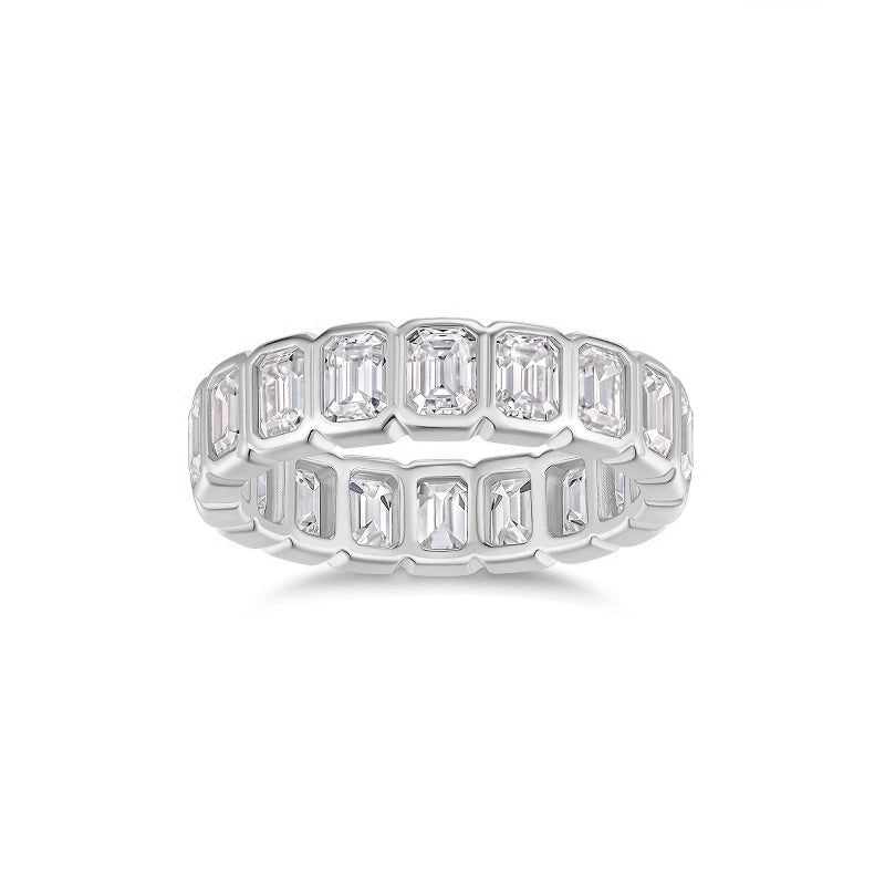 Blair Emerald Cut Moissanite Bezel Eternity Band in 18K white gold plating, front view
