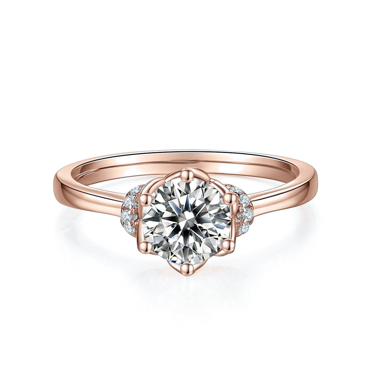 Blossom Round Moissanite Solitaire Engagement Ring in 18K rose gold plating, front view