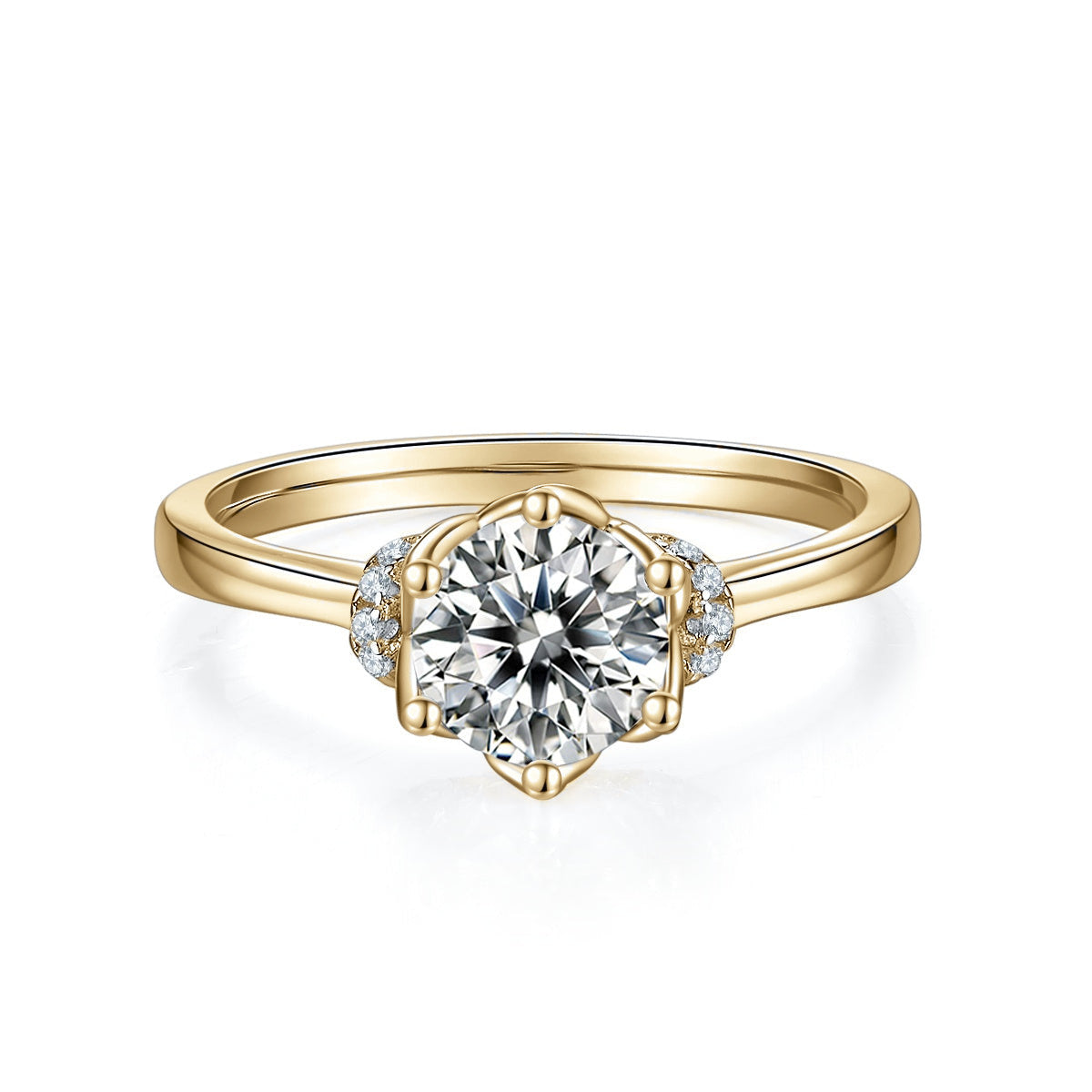 Blossom Round Moissanite Solitaire Engagement Ring in 18K yellow gold plating, front view