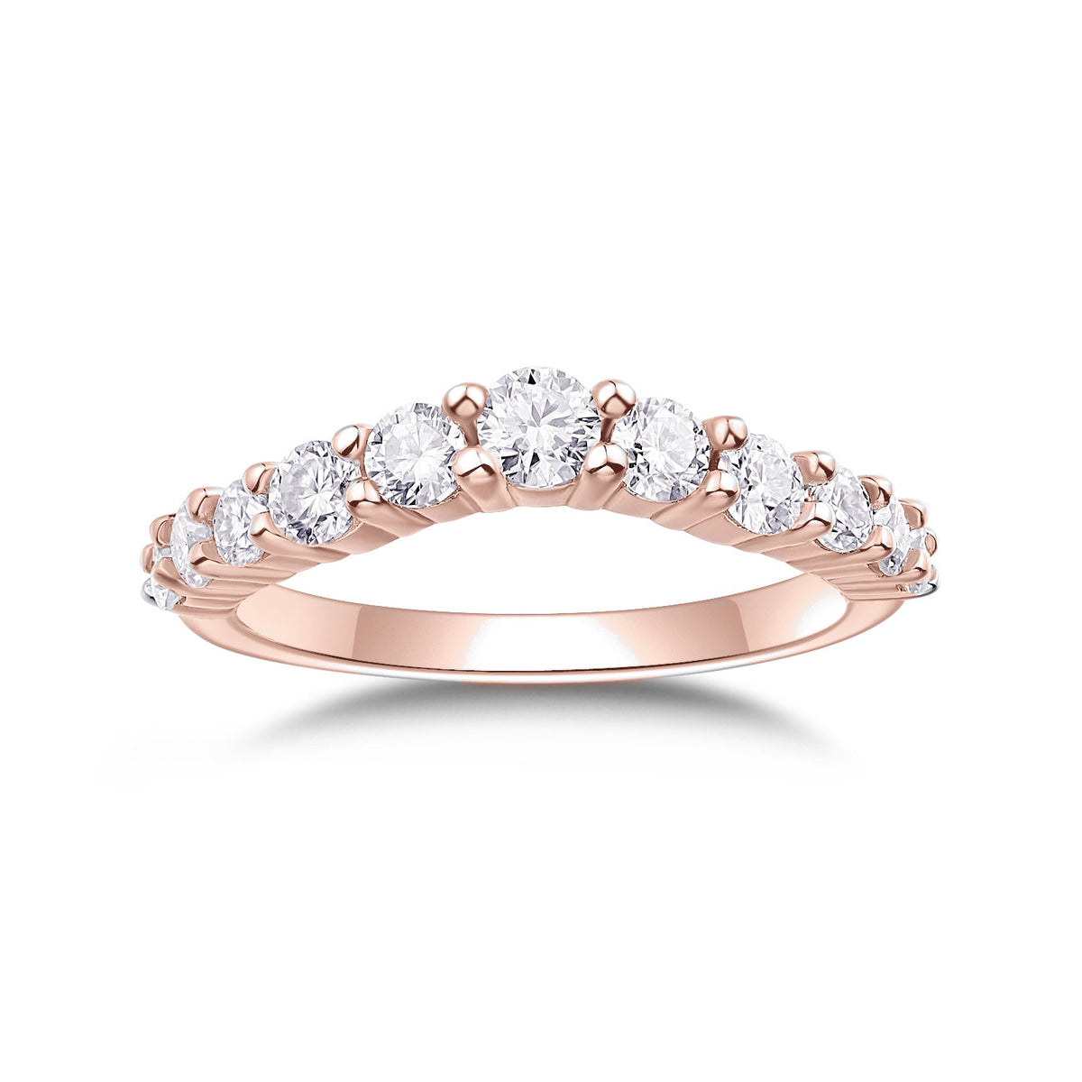 Bree Round Moissanite Curved Wedding Band in 18K rose gold plating, front view