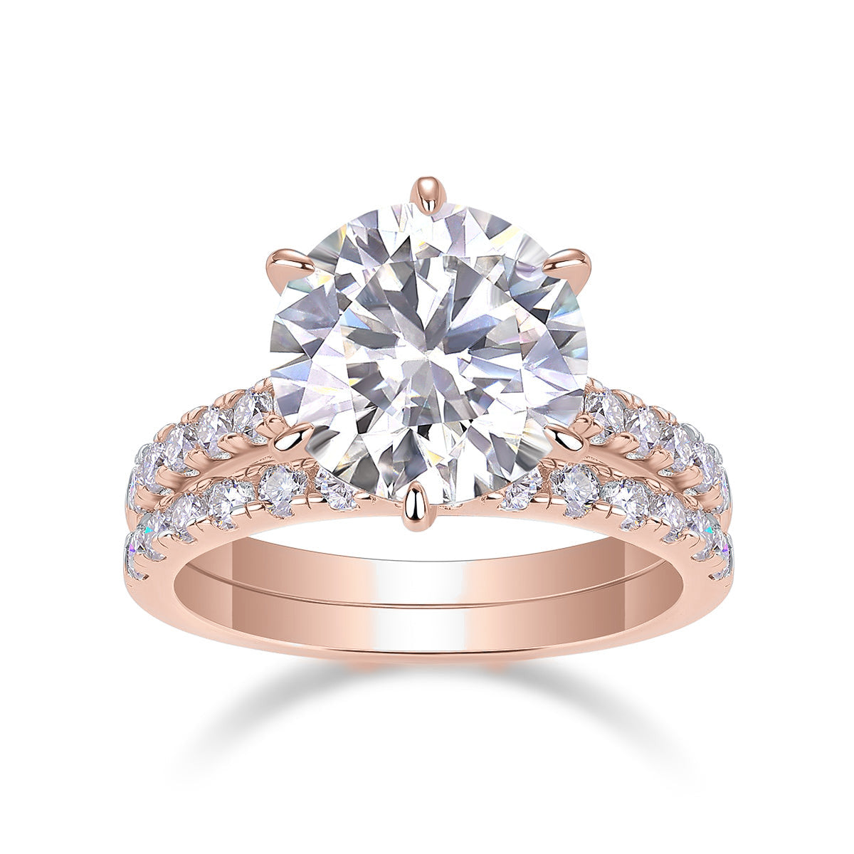 Brianna Round Moissanite Pavé Bridal Set in 18K rose gold plating, front view
