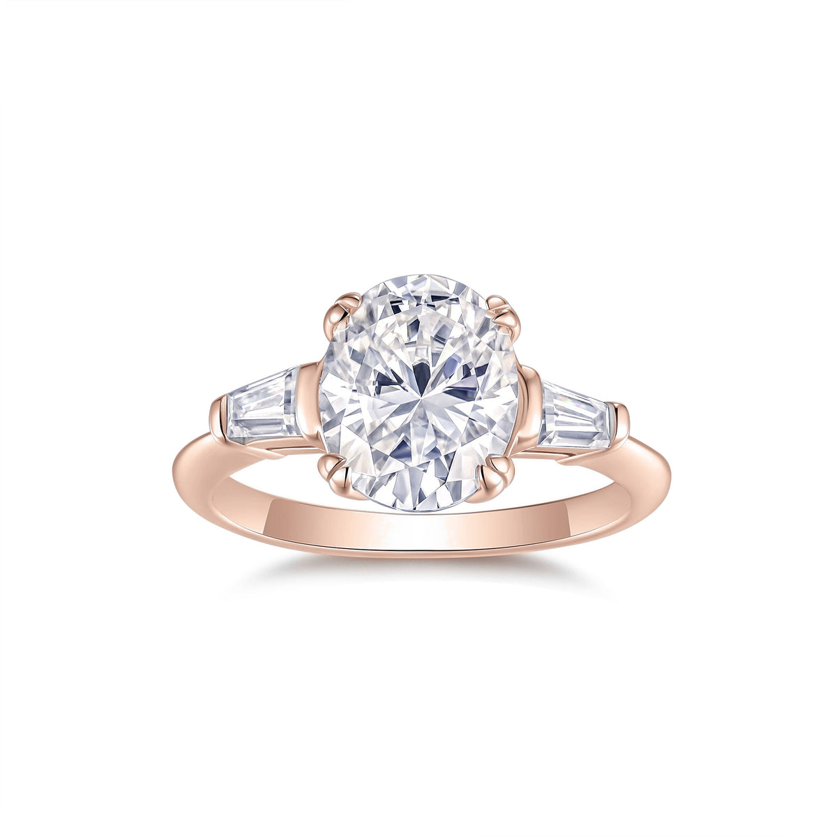 Bridget Oval Moissanite Three Stone Engagement Ring in 18K rose gold plating, front view