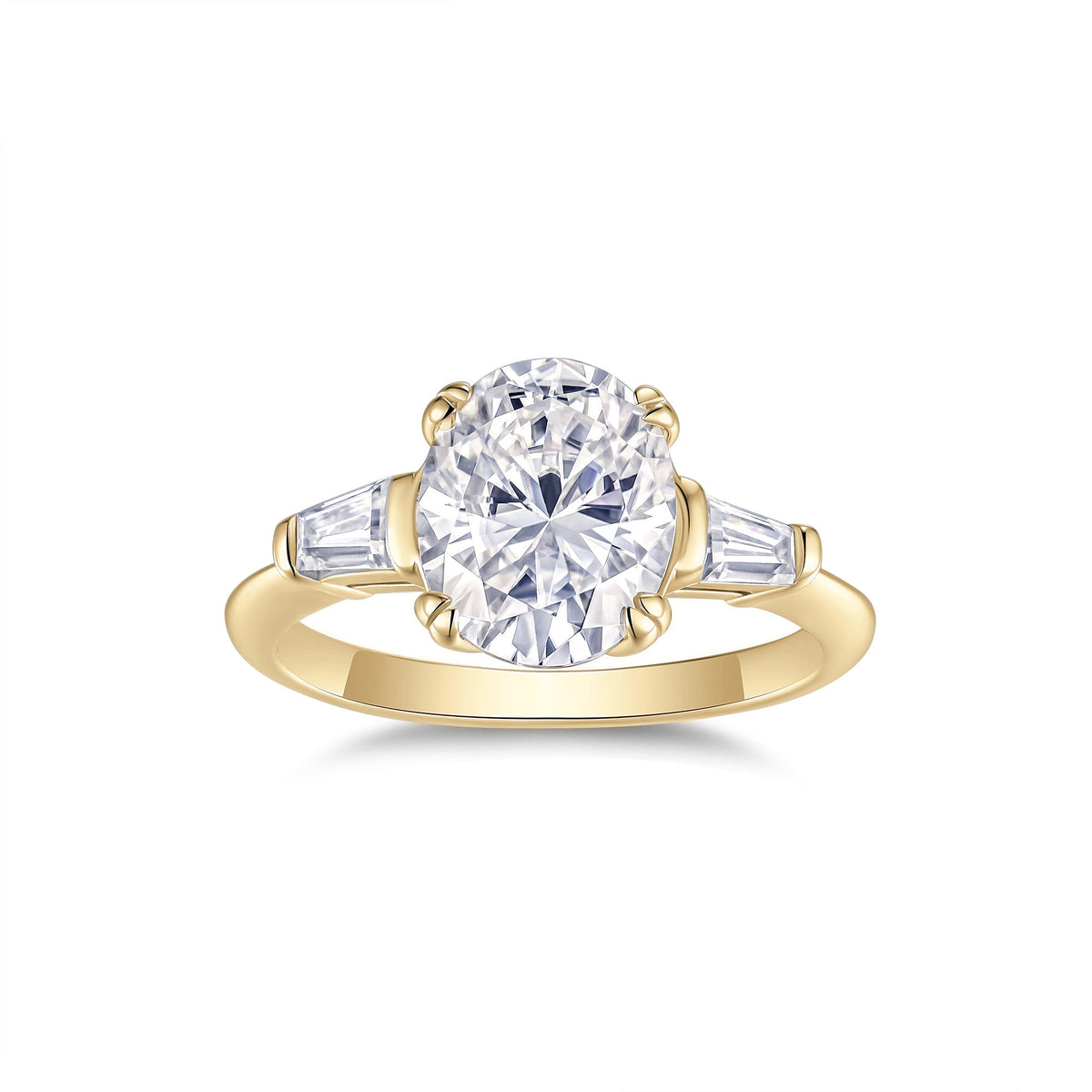 Bridget Oval Moissanite Three Stone Engagement Ring in 18K yellow gold plating, front view