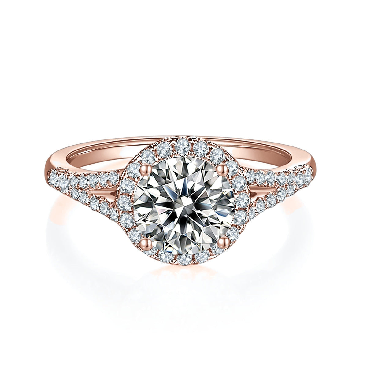 Brinley Round Moissanite Halo Engagement Ring in 18K rose gold plating, front view