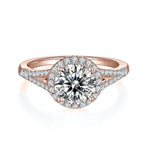 Brinley Round Moissanite Halo Engagement Ring in 18K rose gold plating, front view