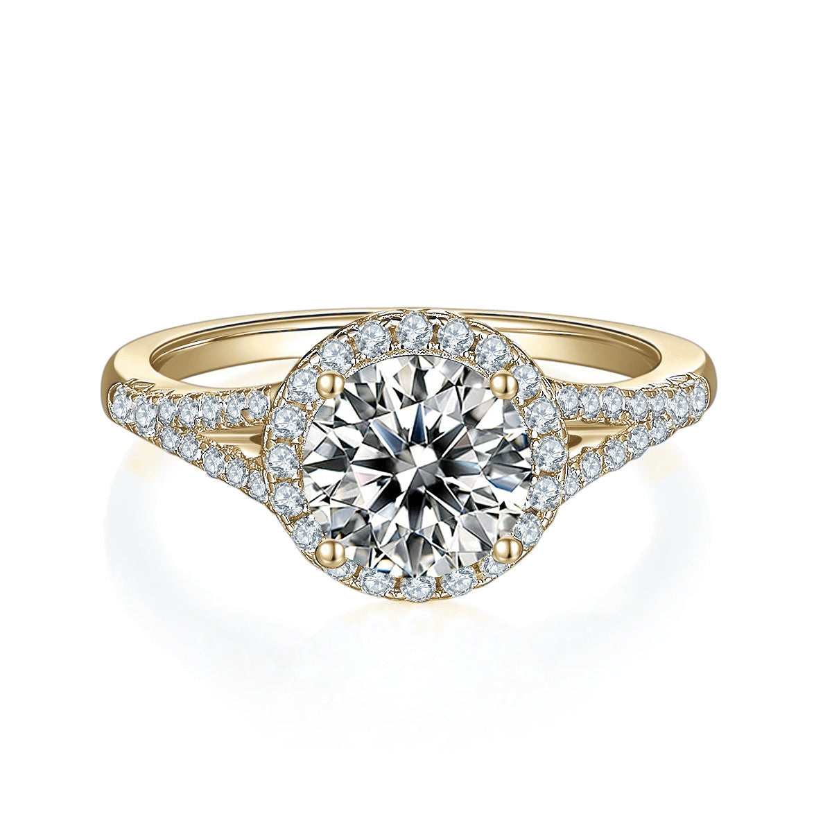 Brinley Round Moissanite Halo Engagement Ring in 18K yellow gold plating, front view