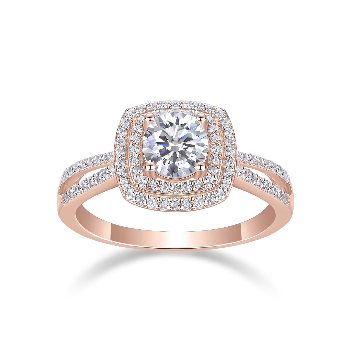 Brooklyn Round Moissanite Double Halo Engagement Ring in 18K rose gold plating, front view