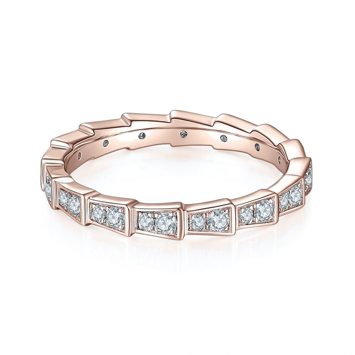 Brynn Moissanite Segmented Half Eternity Band in 18K rose gold plating, angled view