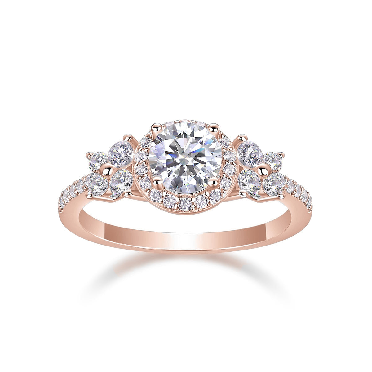 Camellia Round Moissanite Floral Halo Engagement Ring in 18K rose gold plating, front view