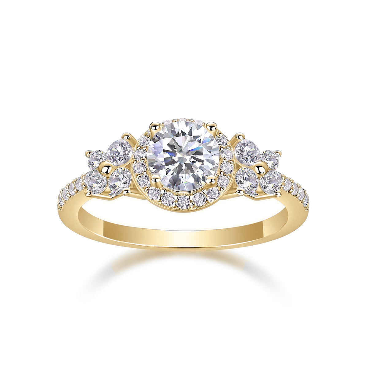 Camellia Round Moissanite Floral Halo Engagement Ring in 18K yellow gold plating, front view