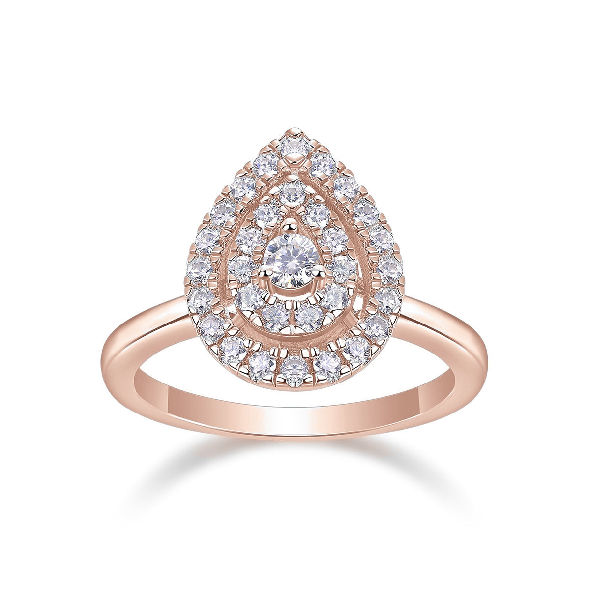 Cara Moissanite Teardrop Cluster Ring in 18K rose gold plating, front view