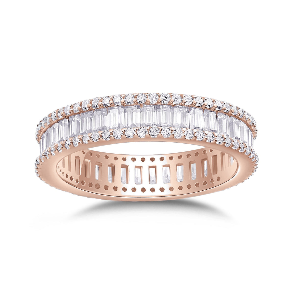Carina Baguette Moissanite Three Row Eternity Band in 18K rose gold plating, front view