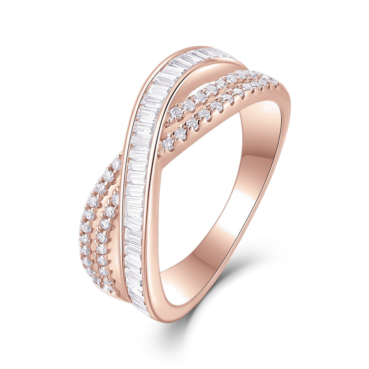 Carla Baguette Moissanite Crossover Ring in 18K rose gold plating