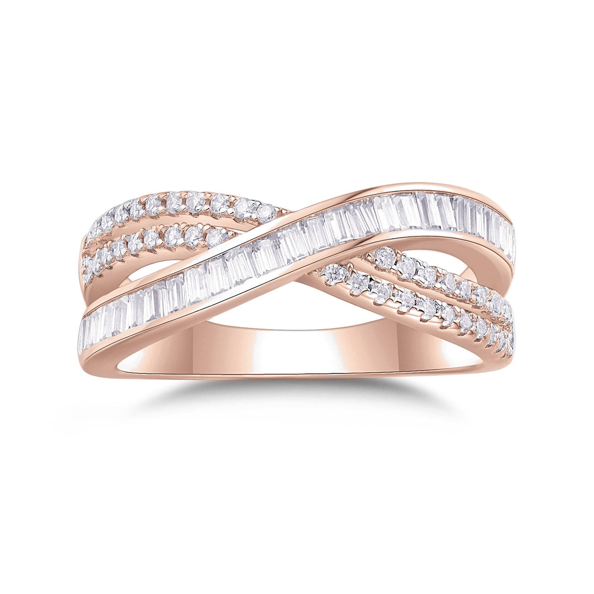 Carla Baguette Moissanite Crossover Ring in 18K rose gold plating, front view