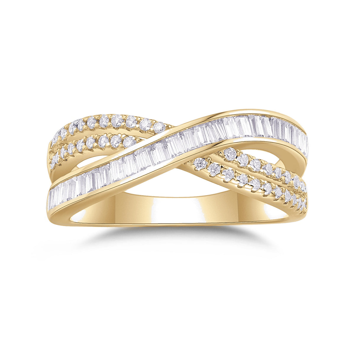 Carla Baguette Moissanite Crossover Ring in 18K yellow gold plating, front view