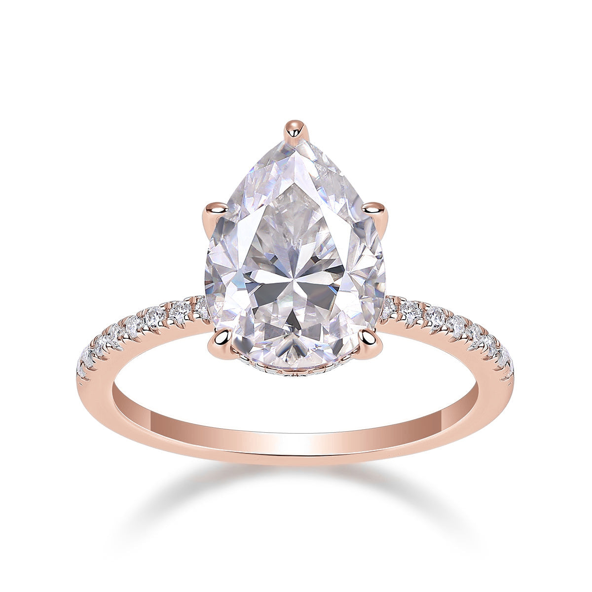 Caroline Pear Moissanite Hidden Halo Engagement Ring in 18K rose gold plating, front view