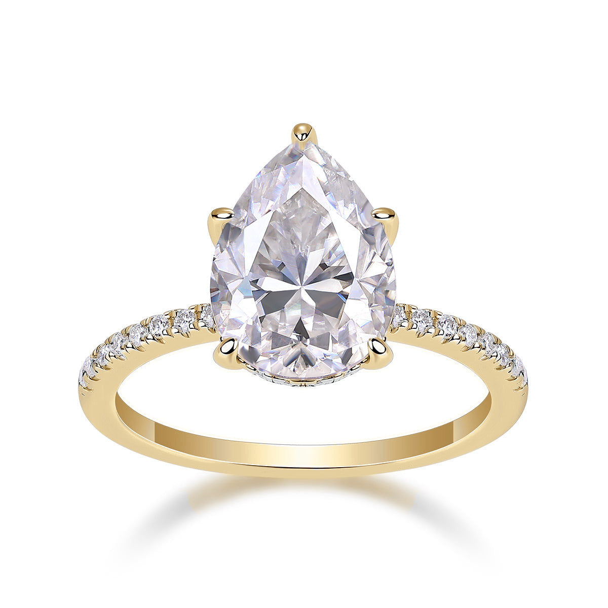 Caroline Pear Moissanite Hidden Halo Engagement Ring in 18K yellow gold plating, front view
