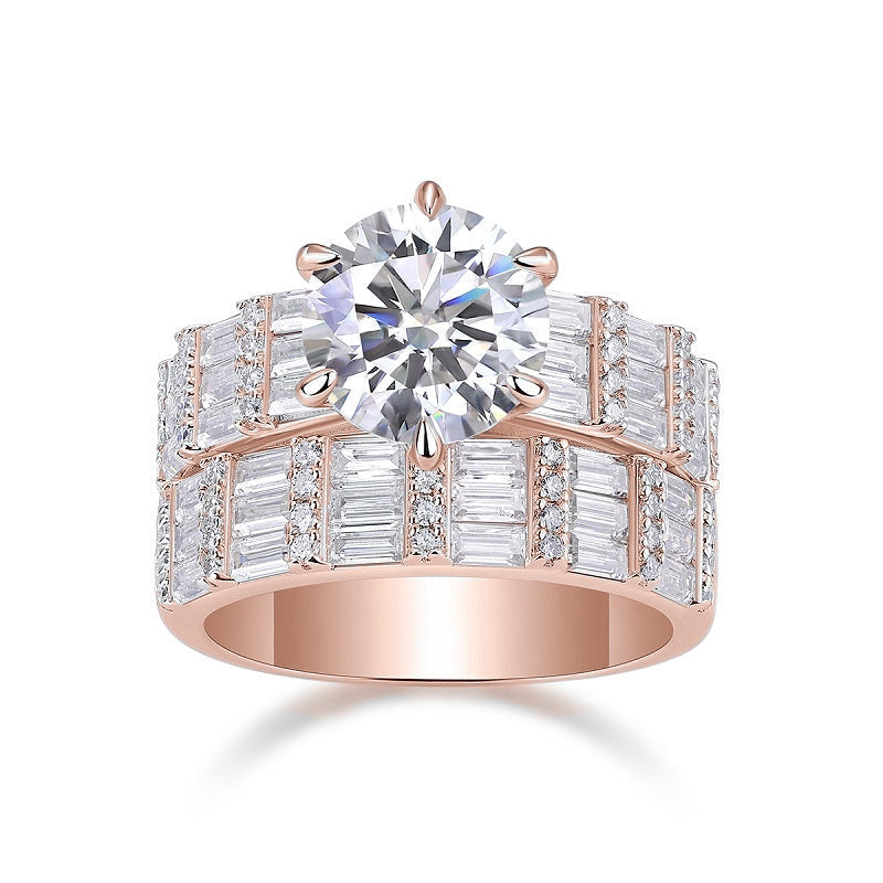 Catalina Round Moissanite Baguette Bridal Set in 18K rose gold plating, front view