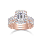 Catherine Emerald Cut Moissanite Halo Bridal Set in 18K rose gold plating, front view