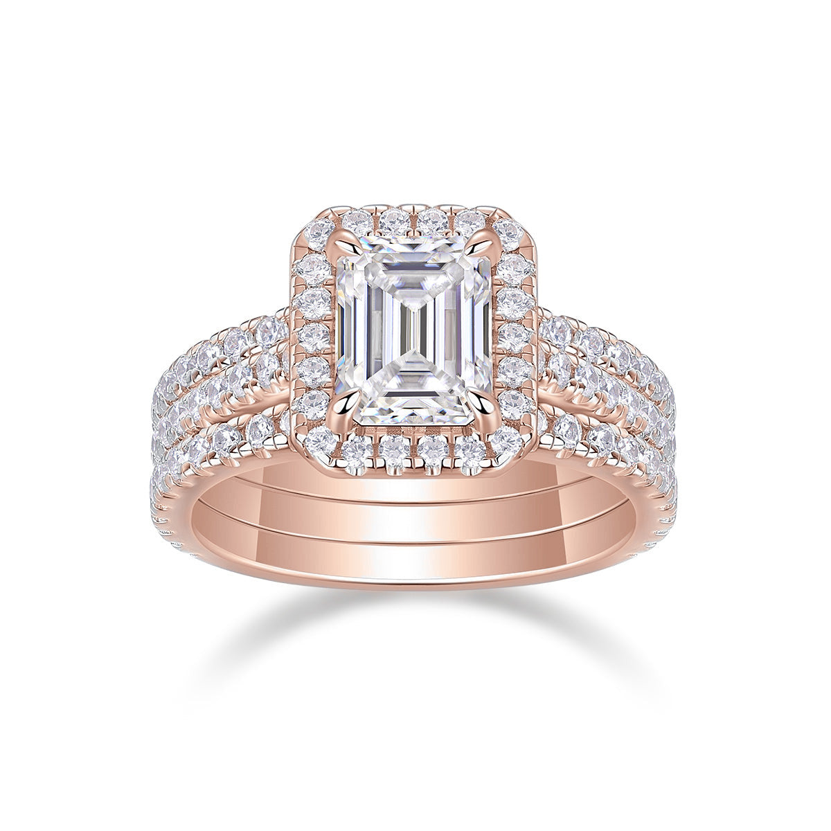 Catherine Emerald Cut Moissanite Halo Bridal Set in 18K rose gold plating, front view