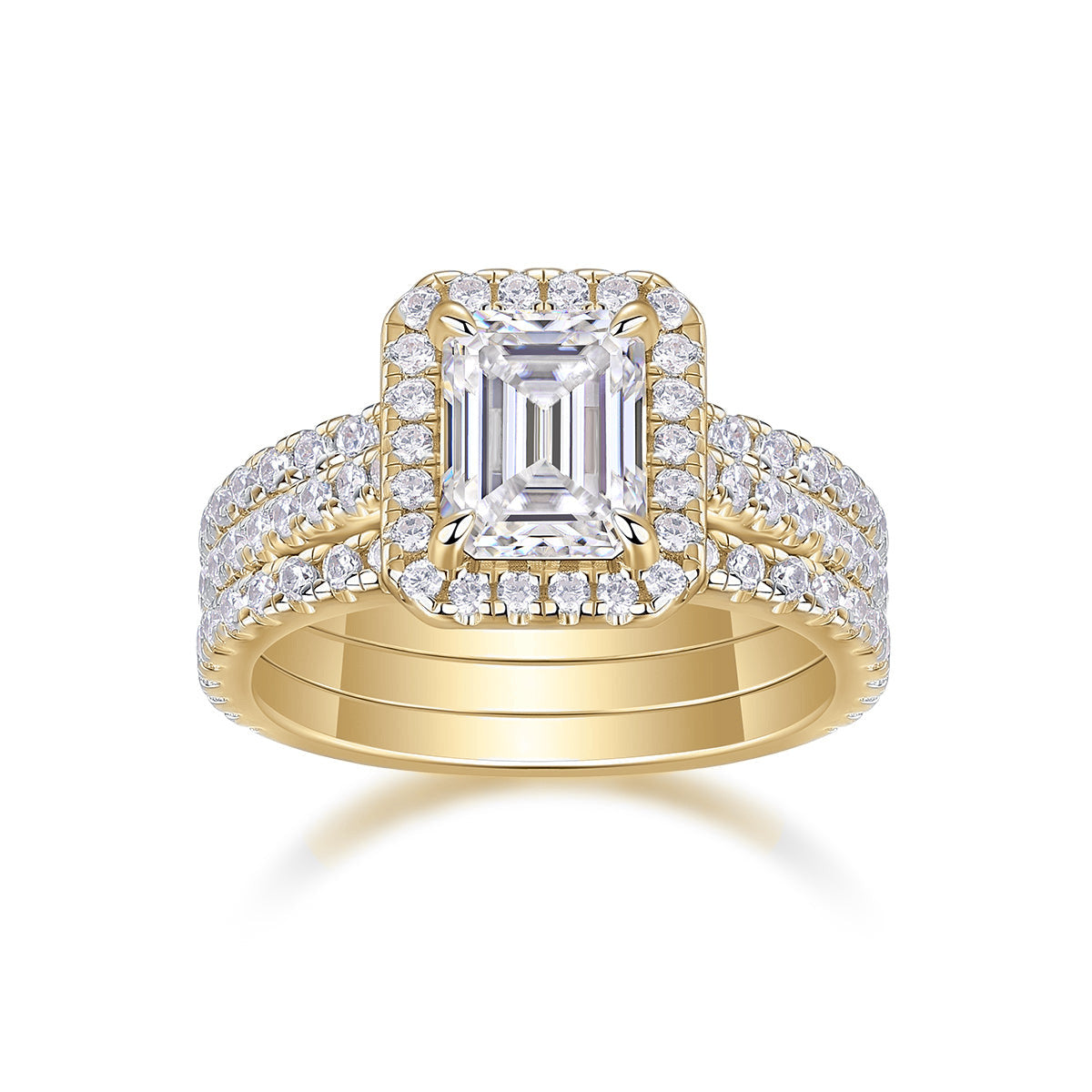 Catherine Emerald Cut Moissanite Halo Bridal Set in 18K yellow gold plating, front view