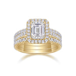 Catherine Emerald Cut Moissanite Halo Bridal Set in 18K yellow gold plating, front view