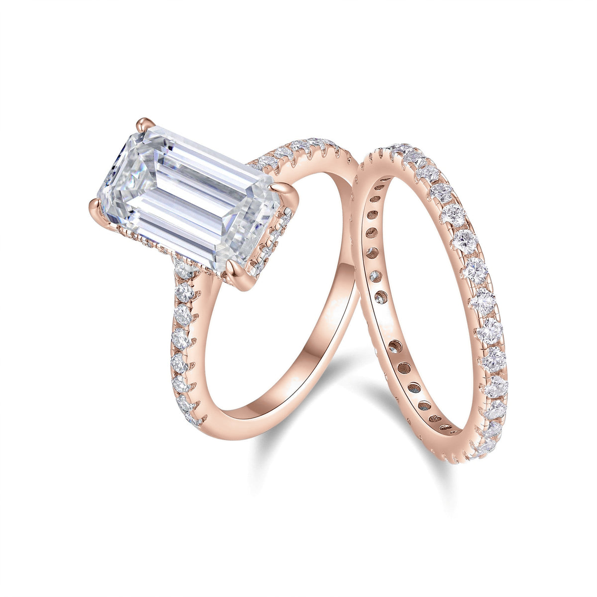 Cecilia Emerald Cut Moissanite Hidden Halo Bridal Set in 18K rose gold plating, angled view
