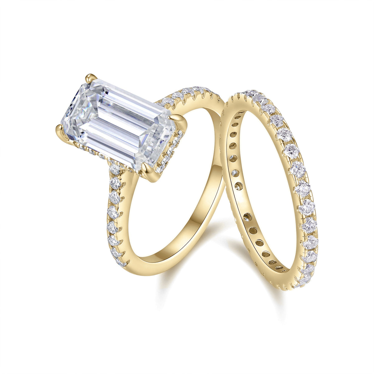 Cecilia Emerald Cut Moissanite Hidden Halo Bridal Set in 18K yellow gold plating, angled view