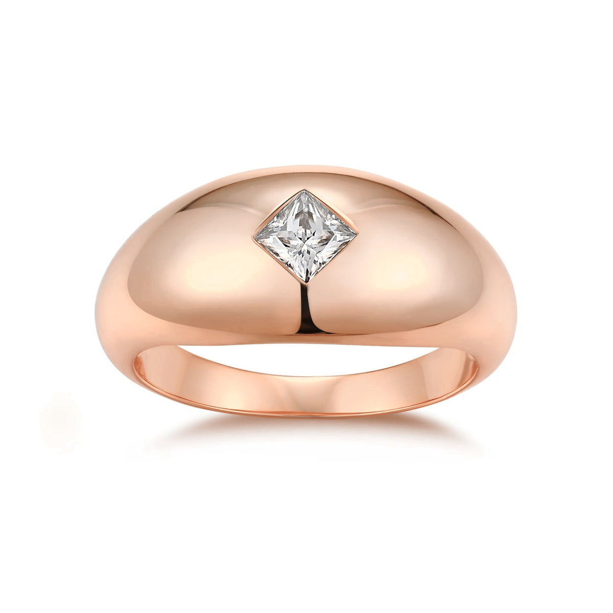 Celia Princess Cut Moissanite Dome Ring in 18K rose gold plating, front view