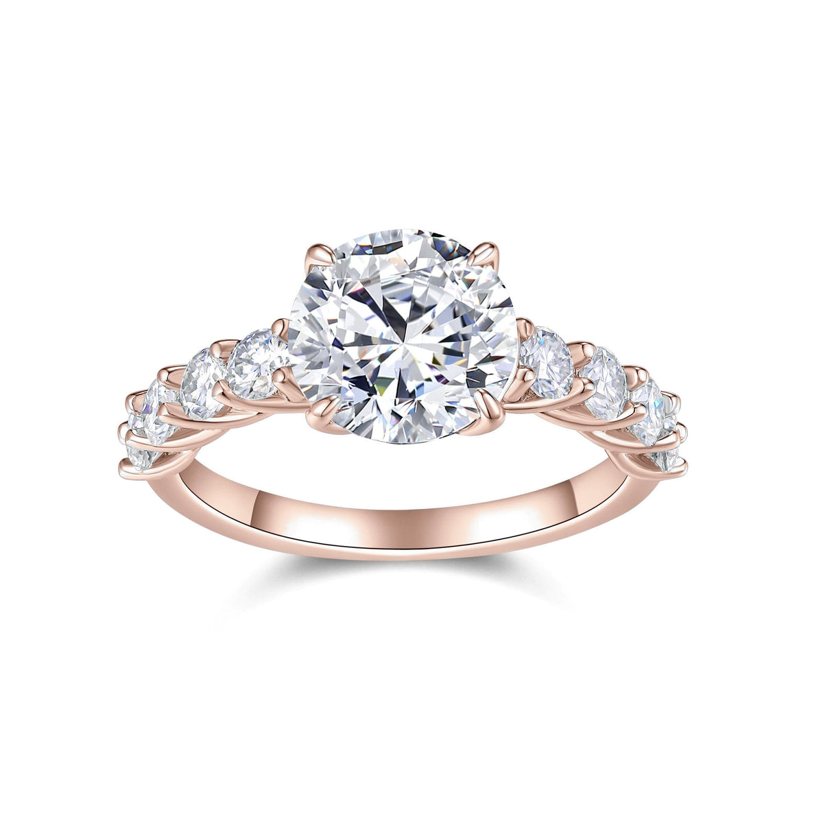 Charlotte Round Moissanite Side Stone Engagement Ring in 18K rose gold plating, front view