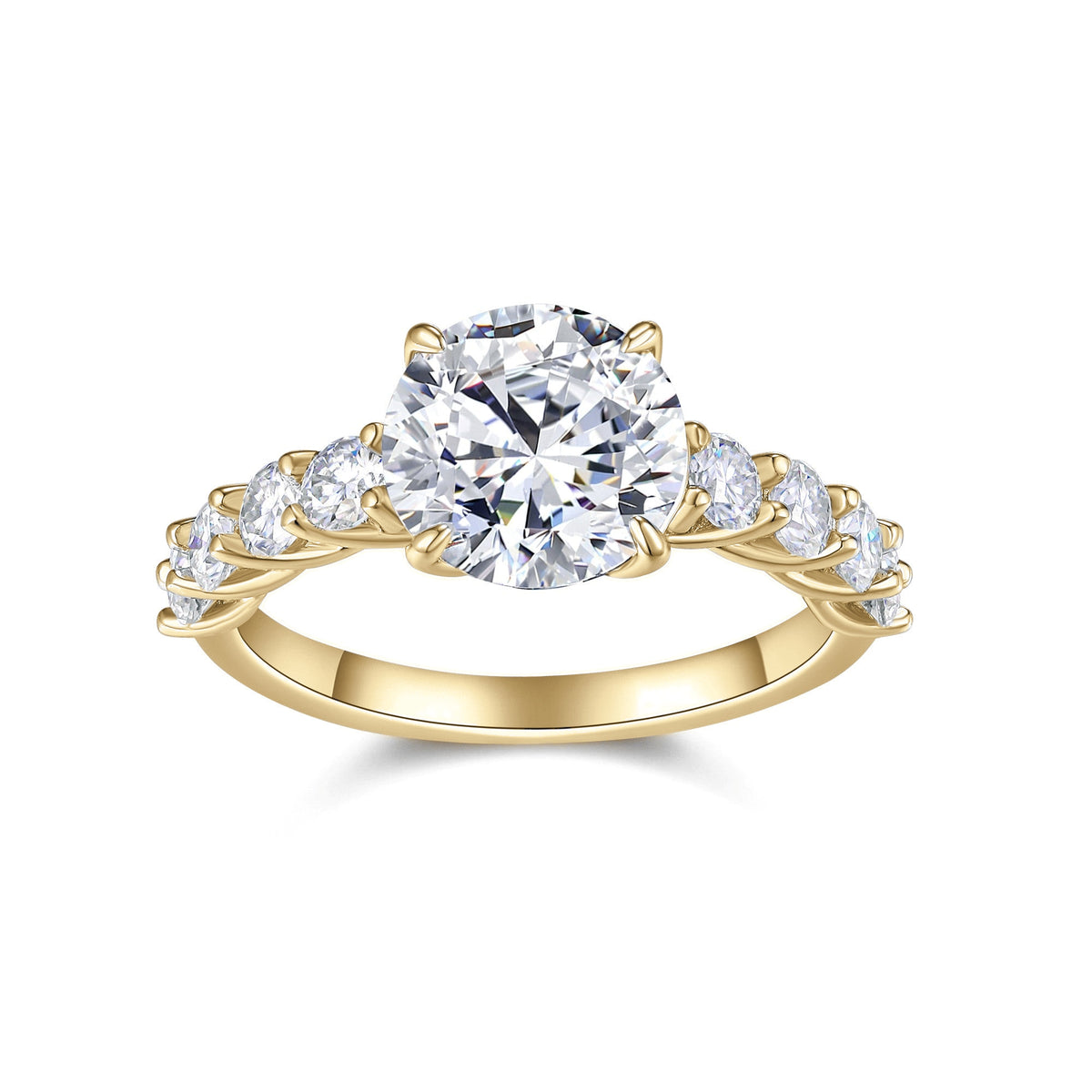 Charlotte Round Moissanite Side Stone Engagement Ring in 18K yellow gold plating, front view