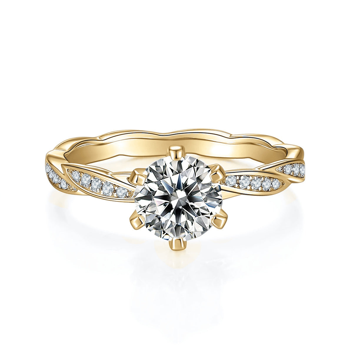 Clarissa Round Moissanite Twist Engagement Ring in 18K yellow gold plating, front view