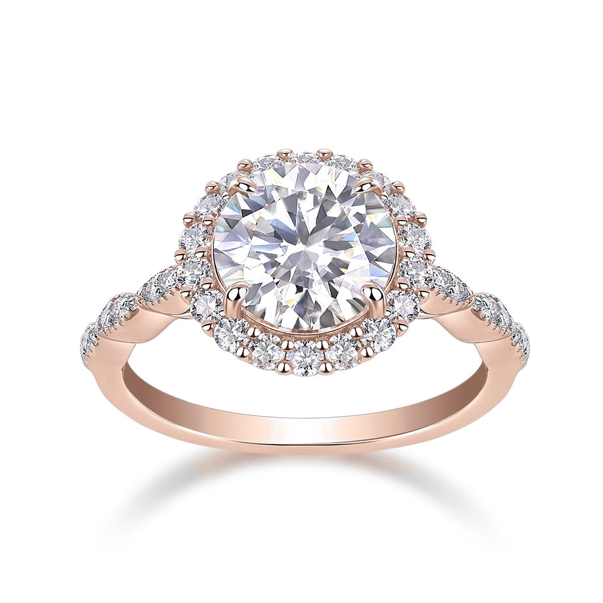 Colette Round Moissanite Vintage Halo Engagement Ring in 18K rose gold plating, front view