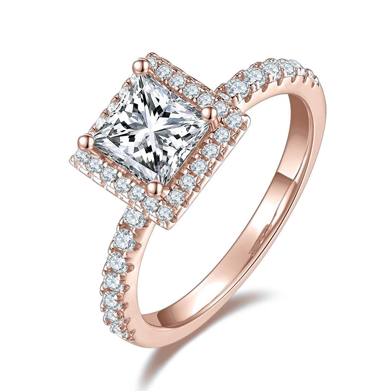 Constance Princess Cut Moissanite Halo Engagement Ring in 18K rose gold plating