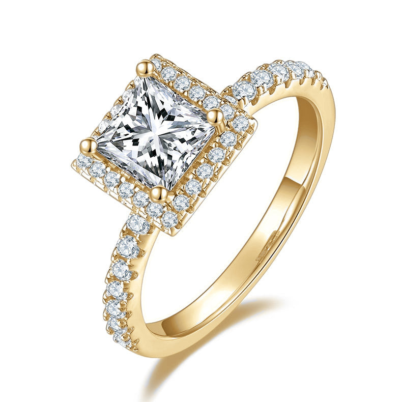 Constance Princess Cut Moissanite Halo Engagement Ring in 18K yellow gold plating