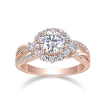 Cora Round Moissanite Twisted Halo Engagement Ring in 18K rose gold plating, front view