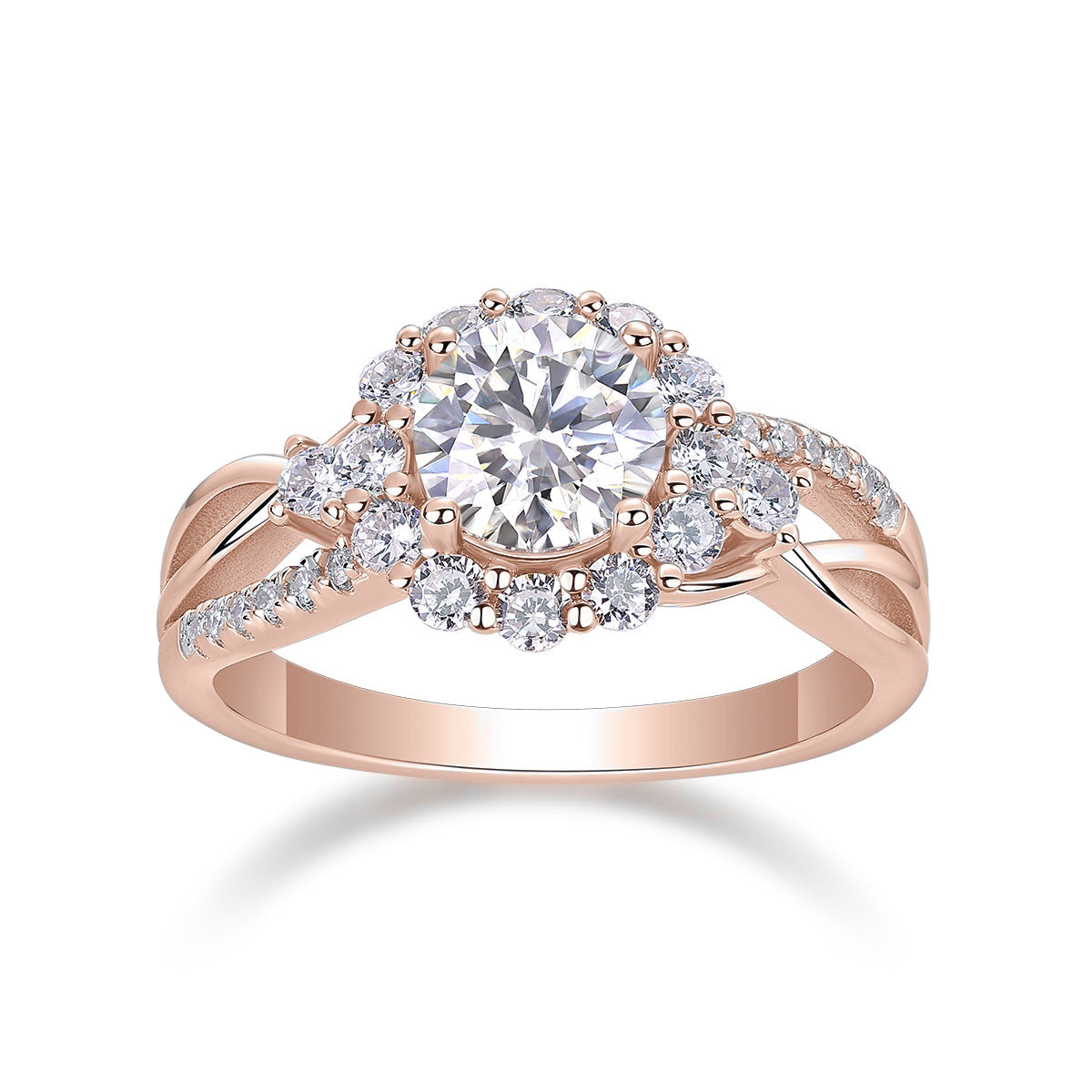 Cora Round Moissanite Twisted Halo Engagement Ring in 18K rose gold plating, front view