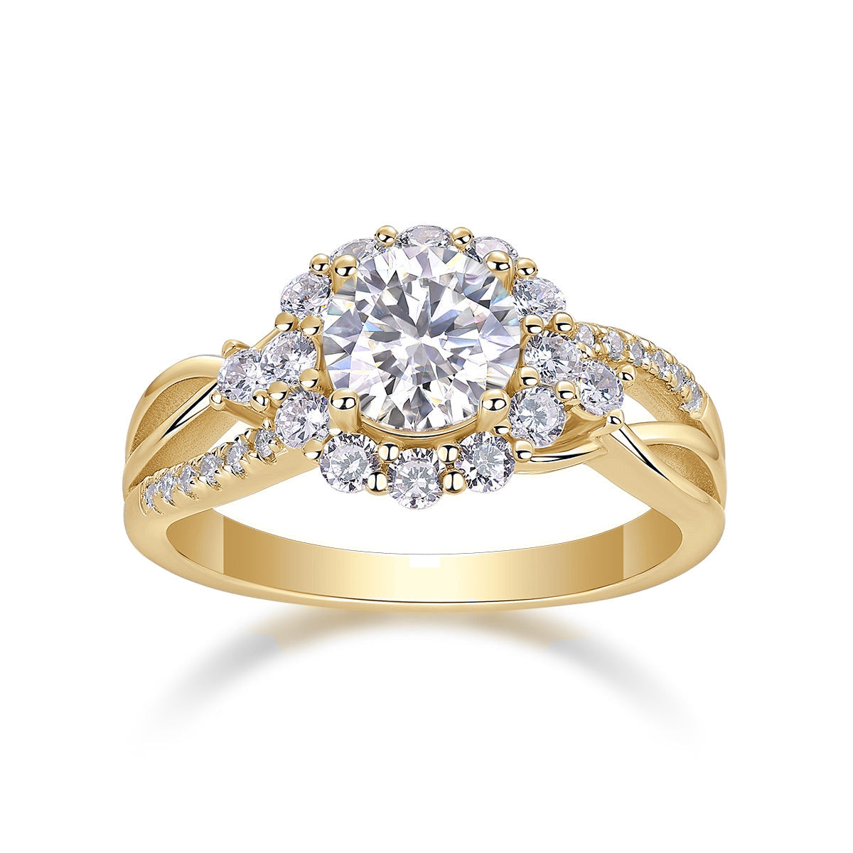 Cora Round Moissanite Twisted Halo Engagement Ring in 18K yellow gold plating, front view