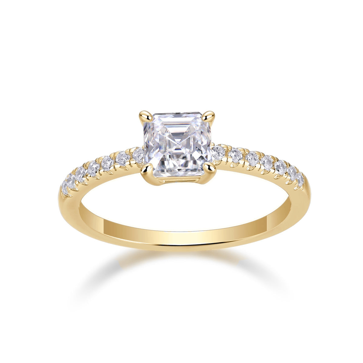 Cordelia Asscher Cut Moissanite Pavé Engagement Ring in 18K yellow gold plating, front view