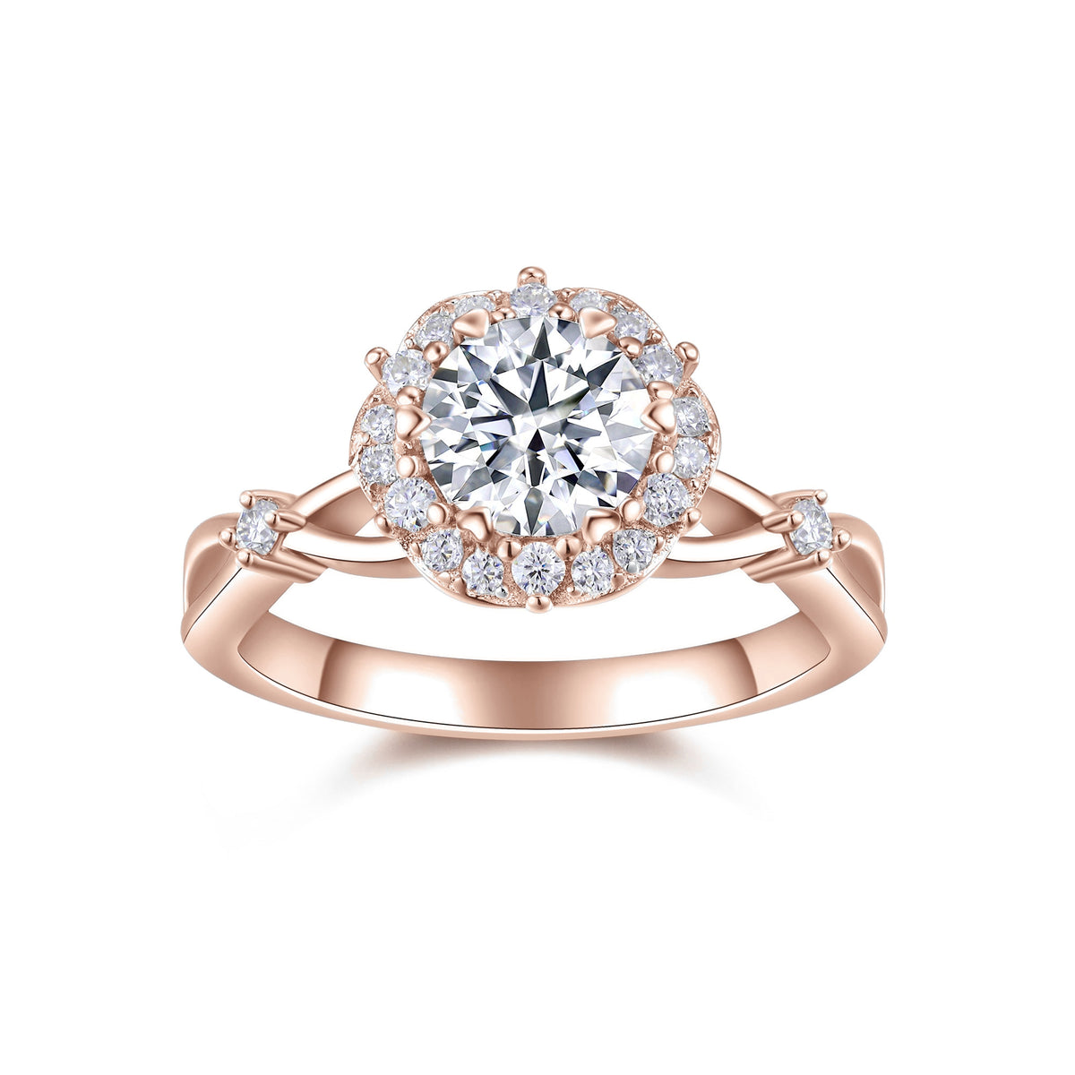 Daisy Round Moissanite Halo Engagement Ring in 18K rose gold plating, front view