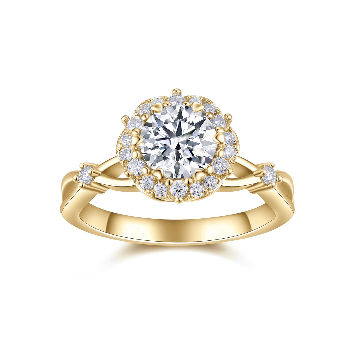 Daisy Round Moissanite Halo Engagement Ring in 18K yellow gold plating, front view