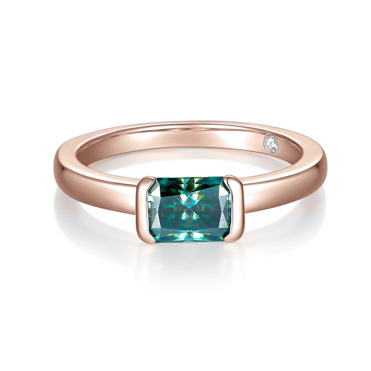Daphne Green Radiant Cut Moissanite East-West Ring in 18K rose gold plating, front view