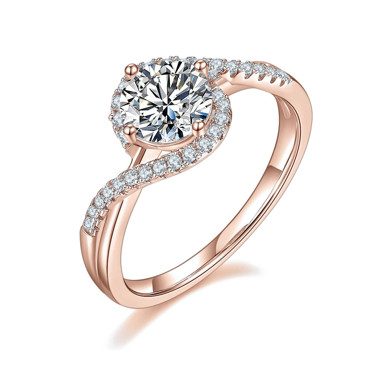 Davina Round Moissanite Bypass Halo Engagement Ring in 18K rose gold plating, front view