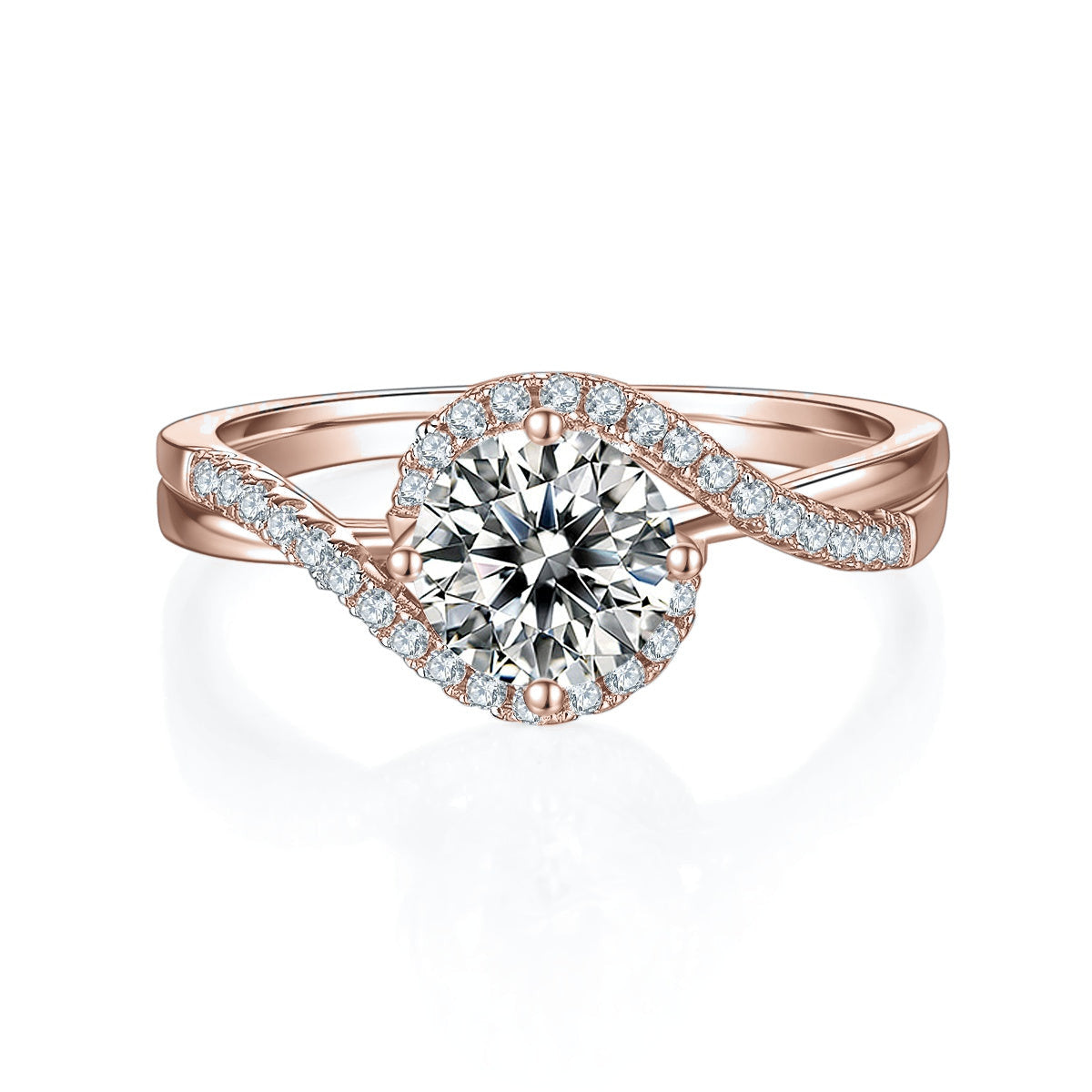 Davina Round Moissanite Bypass Halo Engagement Ring in 18K rose gold plating, front view