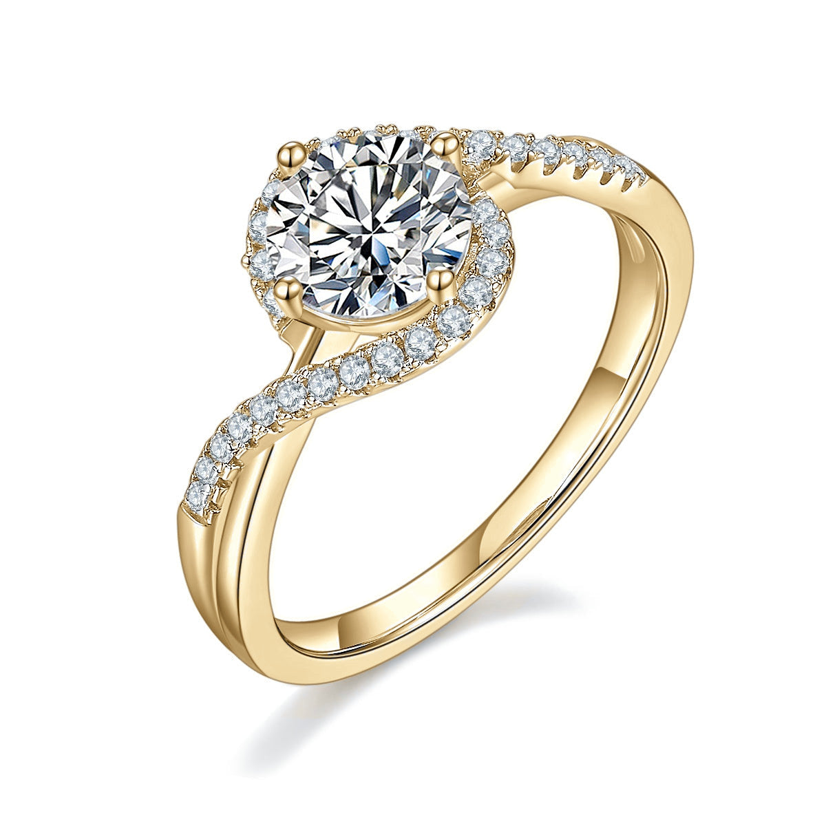 Davina Round Moissanite Bypass Halo Engagement Ring in 18K yellow gold plating, front view