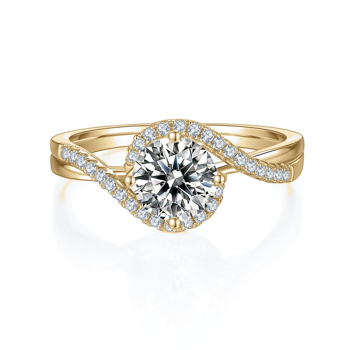 Davina Round Moissanite Bypass Halo Engagement Ring in 18K yellow gold plating, front view