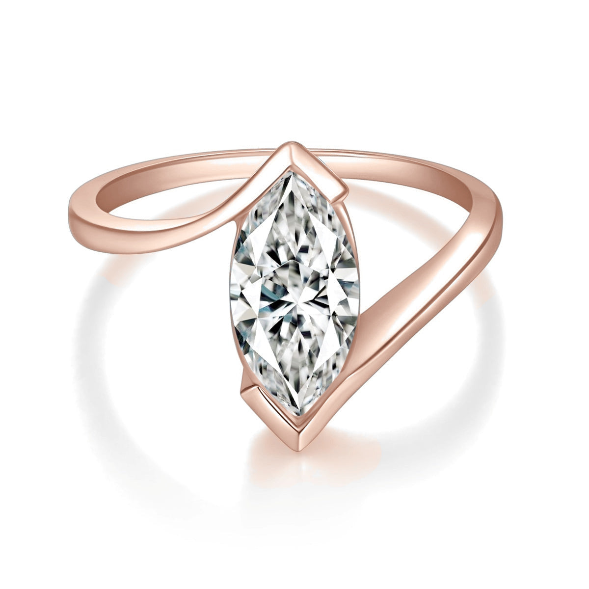 Delphine Marquise Moissanite Bypass Engagement Ring in 18K rose gold plating, front view